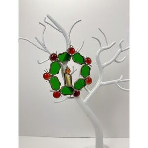 4" Holly Wreath Stained Glass Sun Catcher Christmas Holiday Vintage Hand Made